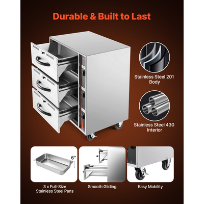 Ηλεκτρικός Θερμαντήρας Συρταριών VEVOR Επαγγελματικός, Θερμαντήρας Τριών Συρταριών από Ανοξείδωτο Ατσάλι, Ανεξάρτητος Τυπικός Θερμαντήρας Συρταριών, Ευρύ Εύρος Θερμοκρασίας 30-85℃, για Εστιατόριο, Μπουφέ Ξενοδοχείων & Αρτοποιείο