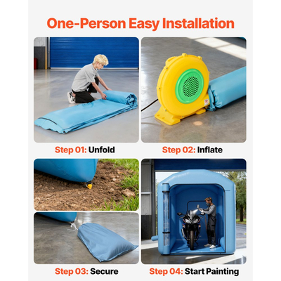 Φουσκωτός θάλαμος βαφής VEVOR, 3 x 2,5 x 2,5 m, Φουσκωτός θάλαμος ψεκασμού με ισχυρό φυσητήρα 550W και σύστημα φίλτρου αέρα, Στρογγυλή οροφή με γάντζο φωτισμού, για βαφή ποδηλάτων, μοτοσικλετών και επίπλων