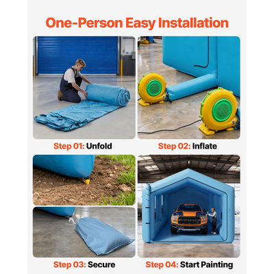 Φουσκωτός θάλαμος βαφής VEVOR, 12 x 5 x 4 m, Φουσκωτός θάλαμος ψεκασμού με φυσητήρες 950W+1100W και σύστημα φίλτρου αέρα, τριγωνική οροφή, για βαφή αυτοκινήτων, φορτηγών, μεγάλων επίπλων και λαμαρινών αυτοκινήτων