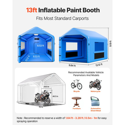 Φουσκωτός θάλαμος βαφής VEVOR, 4 x 3 x 2,8 m, Φουσκωτός θάλαμος ψεκασμού με ισχυρό φυσητήρα 750W και σύστημα φίλτρου αέρα, Τριγωνική οροφή, για βαφή ποδηλάτου, μοτοσικλέτας, λαμαρίνας αυτοκινήτου