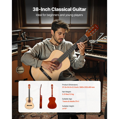 Κλασική κιθάρα VEVOR, 960 mm, Ξύλινο κιτ εκκίνησης κλασικής κιθάρας για αρχάριους, με χορδές νάιλον, τσάντα συναυλιών, λουράκι, κουρδιστήρι, επιπλέον χορδές, πένες, καποτάτο, ξύλο μπάσου, για εφήβους και ενήλικες, μαθητές, φυσικό
