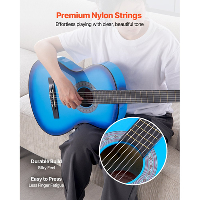 Κλασική κιθάρα VEVOR, 960 mm, Ξύλινο κιτ εκκίνησης κλασικής κιθάρας για αρχάριους, με χορδές νάιλον, τσάντα συναυλιών, λουράκι, κουρδιστήρι, επιπλέον χορδές, πένες, καποτάτο, ξύλο μπάσου, για εφήβους και ενήλικες, μαθητές, μπλε