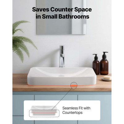 Νιπτήρας μπάνιου VEVOR ημι-εντοιχιζόμενος, ορθογώνιος λευκός κεραμικός νιπτήρας 490 x 305 mm με οπή αποστράγγισης 45 mm, μοντέρνος νιπτήρας μπάνιου με εντοιχισμό, ορθογώνιος για μικρό μπάνιο