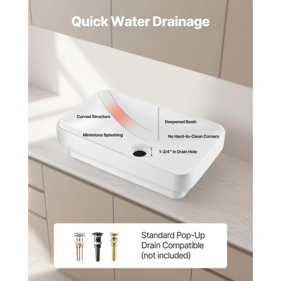 Νιπτήρας μπάνιου VEVOR ημι-εντοιχιζόμενος, ορθογώνιος λευκός κεραμικός νιπτήρας 490 x 305 mm με οπή αποστράγγισης 45 mm, μοντέρνος νιπτήρας μπάνιου με εντοιχισμό, ορθογώνιος για μικρό μπάνιο