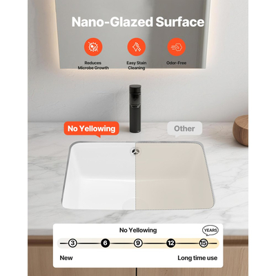 Νιπτήρας μπάνιου VEVOR Υποστηριζόμενος, Ορθογώνιος λευκός κεραμικός νιπτήρας 400 x 305 mm με οπή υπερχείλισης, Μοντέρνος νιπτήρας μπάνιου με δυνατότητα τοποθέτησης κάτω από τον πάγκο, Ορθογώνιος για μικρό χώρο