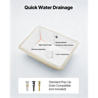 Νιπτήρας μπάνιου VEVOR Υποστηριζόμενος, Ορθογώνιος λευκός κεραμικός νιπτήρας 400 x 305 mm με οπή υπερχείλισης, Μοντέρνος νιπτήρας μπάνιου με δυνατότητα τοποθέτησης κάτω από τον πάγκο, Ορθογώνιος για μικρό χώρο