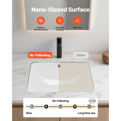 Νιπτήρας μπάνιου VEVOR Υποστηριζόμενος, Ορθογώνιος λευκός κεραμικός νιπτήρας 515 x 385 mm με οπή υπερχείλισης, Μοντέρνος νιπτήρας μπάνιου με δυνατότητα τοποθέτησης κάτω από τον πάγκο, Ορθογώνιος για μικρό χώρο