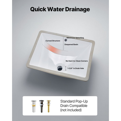 Νιπτήρας μπάνιου VEVOR Υποστηριζόμενος, Ορθογώνιος λευκός κεραμικός νιπτήρας 515 x 385 mm με οπή υπερχείλισης, Μοντέρνος νιπτήρας μπάνιου με δυνατότητα τοποθέτησης κάτω από τον πάγκο, Ορθογώνιος για μικρό χώρο