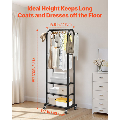 Ράφι ρούχων VEVOR, Ράφι ρούχων με κρεμάστρα και πλαϊνούς γάντζους, 3 ράφια αποθήκευσης, χωρητικότητα φορτίου 45 kg, Ράφι ρούχων βαρέως τύπου από ανθρακούχο χάλυβα για υπνοδωμάτιο, πλυντήριο, σαλόνι