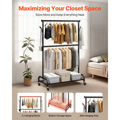 Ράφι ρούχων VEVOR, Ράφι ρούχων με ρυθμιζόμενη εγκάρσια ράβδο και πλαϊνούς γάντζους, χωρητικότητα φορτίου 68 kg, Ράφι ρούχων βαρέως τύπου από ανθρακούχο χάλυβα με ρόδες για υπνοδωμάτιο, πλυντήριο, σαλόνι