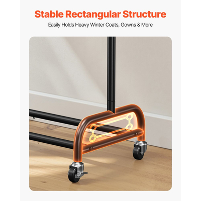 Ράφι ρούχων VEVOR, Ράφι ρούχων με ρυθμιζόμενη εγκάρσια ράβδο και πλαϊνούς γάντζους, χωρητικότητα φορτίου 68 kg, Ράφι ρούχων βαρέως τύπου από ανθρακούχο χάλυβα με ρόδες για υπνοδωμάτιο, πλυντήριο, σαλόνι