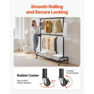 Ράφι ρούχων VEVOR, Ράφι ρούχων με ρυθμιζόμενη εγκάρσια ράβδο και πλαϊνούς γάντζους, χωρητικότητα φορτίου 68 kg, Ράφι ρούχων βαρέως τύπου από ανθρακούχο χάλυβα με ρόδες για υπνοδωμάτιο, πλυντήριο, σαλόνι