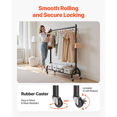 Ράφι ρούχων VEVOR, Ράφι ρούχων με κρεμαστή ράβδο και πλαϊνούς γάντζους, Χωρητικότητα φορτίου 90 kg, Ράφι ρούχων από ανθρακούχο χάλυβα βαρέως τύπου με ρόδες, Ιδανικό για υπνοδωμάτιο, πλυντήριο, σαλόνι