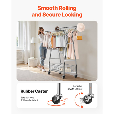 Ράφι ρούχων VEVOR, Ράφι ρούχων με 2 κρεμάστρες και καλάθι αποθήκευσης, χωρητικότητα φορτίου 150 kg, επεκτάσιμες ράφιες ρούχων από ανθρακούχο χάλυβα με ρόδες για υπνοδωμάτιο, πλυντήριο, σαλόνι