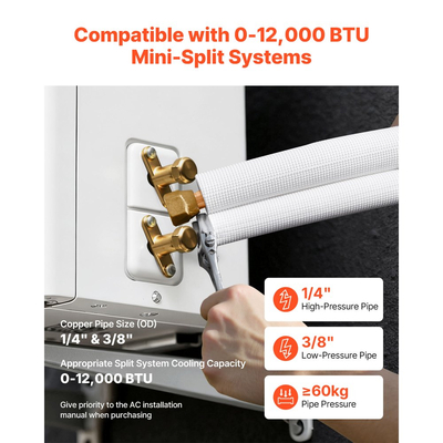 Σετ μίνι σωλήνων διαχωρισμού VEVOR 15,2m, σωλήνας χαλκού AC OD 6,4 & 9,5mm, λευκό μονωμένο πηνίο PE 3/8 με παξιμάδια φαρδιά, ενισχυμένα εξαρτήματα, για σύστημα μίνι διαχωρισμού HVAC ή αντλίας θερμότητας