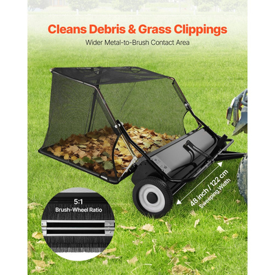 Σάρωθρο γκαζόν VEVOR Tow, Σάρωθρο αυλής 122cm με τράβηγμα, χωρητικότητα σάκου 26 κυβικών ποδιών, συλλέκτης φύλλων και χόρτου με σχοινί απόρριψης, ρυθμιζόμενο ύψος σάρωσης, Σάρωθρα κήπου για γκαζόν