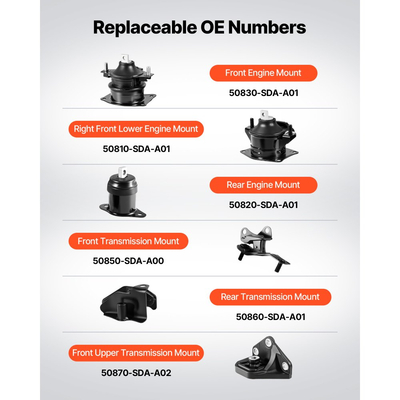 Κιτ αντικατάστασης βάσης κινητήρα και κιβωτίου ταχυτήτων VEVOR, σετ 6 τεμαχίων, συμβατό με Honda Accord 2.4L L4 2003–2007, αντικατάσταση κωδικού γνήσιου κωδικού A4526HY, A4517, A4516, A4510, A4509, A4542, ασφαλής στήριξη