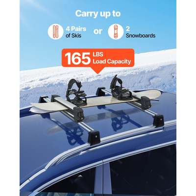 Βάση οροφής VEVOR για σκι και σνόουμπορντ, Χωρητικότητα έως 4 ζεύγη σκι ή 2 σνόουμπορντ, 2 τεμάχια σχάρα οροφής αυτοκινήτου αλουμινίου γενικής χρήσης με κλείδωμα και επένδυση από καουτσούκ, Βάση για καλάμι ψαρέματος, Ταιριάζει στις περισσότερες εγκάρσιες ράβδους με σχισμές