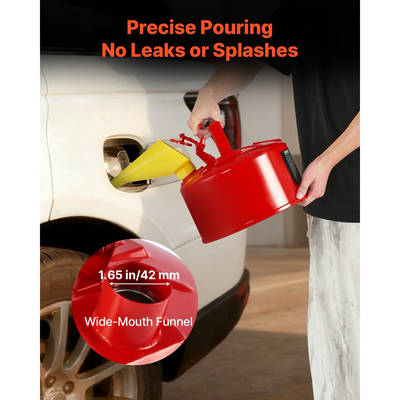 Δοχείο αερίου ασφαλείας VEVOR, κόκκινο δοχείο ασφαλείας βενζίνης 9,5 λίτρων τύπου Ι με φλογοπαγίδα από ανοξείδωτο ατσάλι, αυτοκλειόμενο καπάκι και χωνί PE, εύφλεκτο δοχείο αποθήκευσης από ανθρακούχο χάλυβα με εργονομική λαβή