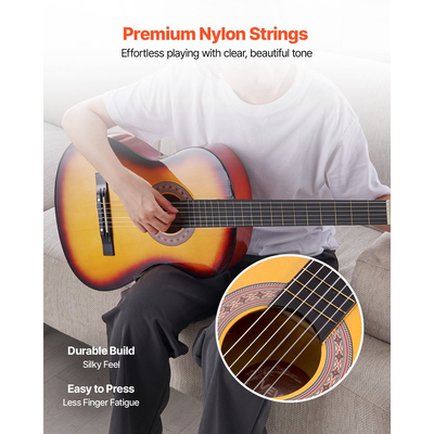 Κλασική κιθάρα VEVOR, 960 mm, Ξύλινο κιτ εκκίνησης κλασικής κιθάρας για αρχάριους, με χορδές νάιλον, τσάντα συναυλιών, λουράκι, κουρδιστήρι, επιπλέον χορδές, πένα, καποτάτο, ξύλο μπάσου, για εφήβους και ενήλικες, μαθητές, Sunburst