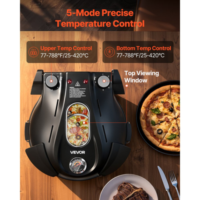 Φούρνος πίτσας VEVOR, ηλεκτρική μηχανή πίτσας 304,8 mm, ηλεκτρική εστία πίτσας 1200W με πέτρα κορδιερίτη, έλεγχος θερμοκρασίας 5 λειτουργιών, παράθυρο θέασης για ακριβές μαγείρεμα, θερμαίνεται έως 420℃, για το σπίτι (μαύρο)