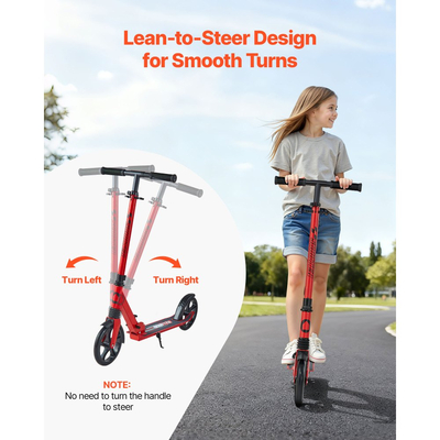 Πατίνι VEVOR για παιδιά 8+ ετών, εφήβους και ενήλικες, δίτροχο πατίνι για νήπια με ρυθμιζόμενο ύψος τιμονιού, φαρδύ αντιολισθητικό δάπεδο, πτυσσόμενο ελαφρύ για αγόρια και κορίτσια έως 99,8 κιλά, κόκκινο + μαύρο