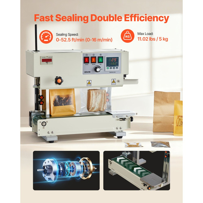 Μηχανή συνεχούς σφράγισης ταινιών σακουλών VEVOR, πλάτος σφράγισης 6-12 mm, μηχανή κάθετης σφράγισης ταινιών με εκτύπωση κυλίνδρου, ρυθμιζόμενη θερμοκρασία και ταχύτητα, μηχανή θερμικής σφράγισης για πλαστικές σακούλες 0,03-0,8 mm
