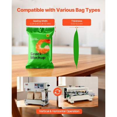 Μηχανή συνεχούς σφράγισης ταινιών σακουλών VEVOR, πλάτος σφράγισης 6-12 mm, μηχανή κάθετης σφράγισης ταινιών με εκτύπωση κυλίνδρου, ρυθμιζόμενη θερμοκρασία και ταχύτητα, μηχανή θερμικής σφράγισης για πλαστικές σακούλες 0,03-0,8 mm