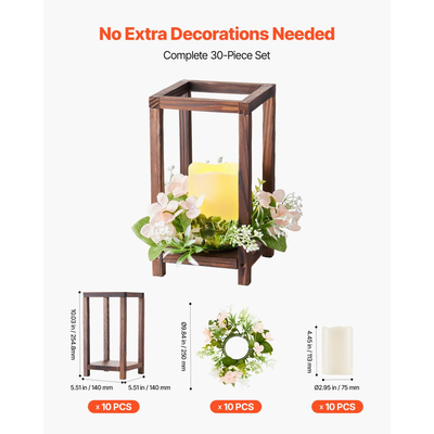 VEVOR Σετ 10 τεμαχίων/30 τεμάχια Ξύλινα Φαναράκια Γάμου, Περιλαμβάνει 10 Ξύλινα Φαναράκια, Κηροπήγια, 10 Κεριά LED χωρίς Φλόγα, 10 Στεφάνι Λουλουδιών Σαμπάνιας για Γαμήλιο Τραπέζι και Πάρτι, Διακόσμηση Αγροικίας, Καφέ