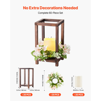 VEVOR Σετ 20 τεμαχίων/60 τεμάχια κεντρικό ξύλινο φαναράκι γάμου, περιλαμβάνει 20 ξύλινα φαναράκια, 20 κεριά LED χωρίς φλόγα, 20 στεφάνια σαμπάνιας για διακόσμηση τραπεζιού γάμου και πάρτι, καφέ