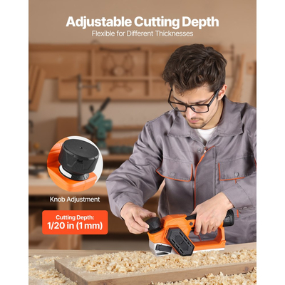 Ασύρματη πλάνη χειρός VEVOR, πλάτος κοπής 56 mm, ηλεκτρική πλάνη χειρός ξύλου 14500 σ.α.λ. με μπαταρία λιθίου 2 Ah 12V, κινητήρα χωρίς ψήκτρες, ρυθμιζόμενο βάθος κοπής, 2 λεπίδες, για ξυλουργική, λοξοτομή ξύλου DIY