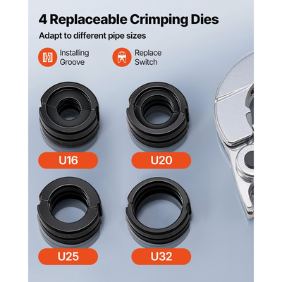 Εργαλείο πτύχωσης υδραυλικών σωλήνων VEVOR, πτύχωση εξαρτημάτων σωλήνων PEX και αλουμινίου-πλαστικού με σιαγόνες U16 U20 U25 U32 και θήκη μεταφοράς, κιτ εργαλείων πτύχωσης για υδραυλικές επισκευές και εγκαταστάσεις