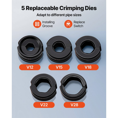 Εργαλείο πτύχωσης υδραυλικών σωλήνων VEVOR, Πρεσαριστό εξάρτημα σωλήνων από ανοξείδωτο χάλυβα με σιαγόνες V12, V15, V18, V22, V28 και θήκη μεταφοράς, κιτ εργαλείων πτύχωσης για υδραυλικές επισκευές και εγκαταστάσεις