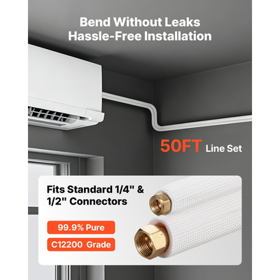 Σετ μίνι σωλήνων διαχωρισμού VEVOR 15,2m, σωλήνας χαλκού AC OD 6,4 & 12,7mm, λευκό μονωμένο πηνίο PE 3/8 με παξιμάδια φαρδιά, ταινίες στερέωσης, για σύστημα μίνι διαχωρισμού HVAC ή αντλίας θερμότητας
