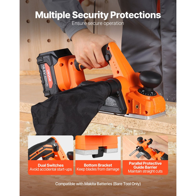 Ασύρματη πλάνη χειρός VEVOR, πλάτος κοπής 82 mm, ηλεκτρική πλάνη χειρός ξύλου 15000 σ.α.λ. με κινητήρα χωρίς ψήκτρες, ρυθμιζόμενο βάθος κοπής για ξυλουργική, συμβατή με μπαταρία VEVOR 18V ​​(μόνο με γυμνό εργαλείο)