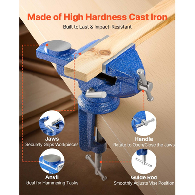 Μέγγενη πάγκου VEVOR, 3 ιντσών, φορητή μέγγενη πάγκου εργασίας με περιστρεφόμενη βάση 360°, περιστρεφόμενο σφιγκτήρα πάγκου γρήγορης απελευθέρωσης, υπερυψωμένη βάση, κατασκευή από χυτοσίδηρο, για ξυλουργική, μεταλλουργία, τρύπημα και κοπή