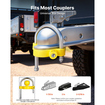Κιτ κλειδώματος ρυμούλκησης VEVOR, Κατάλληλο για ζεύκτες 46 mm, 50,8 mm, 58,7 mm, Ανθεκτική αντικλεπτική κλειδαριά ρυμούλκησης με κλειδιά, Ανθεκτική σε ανοίγματα, Σχεδιασμός ρυθμιζόμενου ύψους για τροχόσπιτα, σκάφη, ρυμουλκούμενα