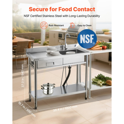 Νιπτήρας κουζίνας VEVOR από ανοξείδωτο χάλυβα, ελεύθερος επαγγελματικός νεροχύτης κουζίνας με συρτάρι, βρύση και σωλήνα ζεστού και κρύου νερού, νιπτήρας γενικής χρήσης για πλυντήριο ρούχων σε γκαράζ, 1000 x 500 x 940 mm