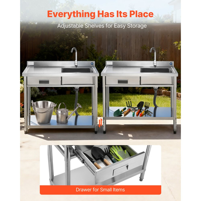 Νιπτήρας κουζίνας VEVOR από ανοξείδωτο χάλυβα, ελεύθερος επαγγελματικός νεροχύτης κουζίνας με συρτάρι, βρύση και σωλήνα ζεστού και κρύου νερού, νιπτήρας γενικής χρήσης για πλυντήριο ρούχων σε γκαράζ, 1000 x 500 x 940 mm