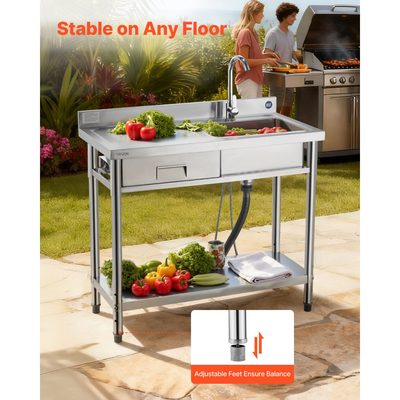 Νιπτήρας κουζίνας VEVOR από ανοξείδωτο χάλυβα, ελεύθερος επαγγελματικός νεροχύτης κουζίνας με συρτάρι, βρύση και σωλήνα ζεστού και κρύου νερού, νιπτήρας γενικής χρήσης για πλυντήριο ρούχων σε γκαράζ, 1000 x 500 x 940 mm