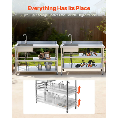 Νεροχύτης κουζίνας VEVOR από ανοξείδωτο χάλυβα, ελεύθερος επαγγελματικός νεροχύτης κουζίνας με μία λεκάνη, βρύση και σωλήνα ζεστού και κρύου νερού, διπλά ράφια αποθήκευσης για γκαράζ, εστιατόριο, πλυντήριο, 1200 x 500 x 940 mm