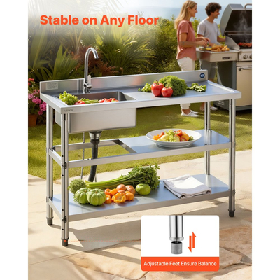 Νεροχύτης κουζίνας VEVOR από ανοξείδωτο χάλυβα, ελεύθερος επαγγελματικός νεροχύτης κουζίνας με μία λεκάνη, βρύση και σωλήνα ζεστού και κρύου νερού, διπλά ράφια αποθήκευσης για γκαράζ, εστιατόριο, πλυντήριο, 1200 x 500 x 940 mm