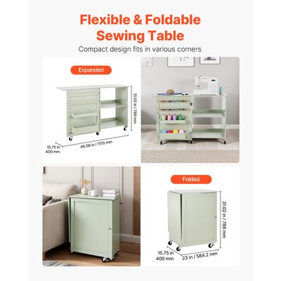 Πτυσσόμενο τραπέζι ραπτικής VEVOR, τραπέζι πολλαπλών χρήσεων ραπτομηχανής με συμπαγή σχεδιασμό, ρόδες, ξύλινα μανταλάκια, δίσκους αποθήκευσης και ράφι, μαγνητική κλειδαριά πόρτας, σταθμός χειροτεχνίας και βοηθητικό γραφείο για το σπίτι, ανοιχτό πράσινο