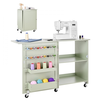 Πτυσσόμενο τραπέζι ραπτικής VEVOR, τραπέζι πολλαπλών χρήσεων ραπτομηχανής με συμπαγή σχεδιασμό, ρόδες, ξύλινα μανταλάκια, δίσκους αποθήκευσης και ράφι, μαγνητική κλειδαριά πόρτας, σταθμός χειροτεχνίας και βοηθητικό γραφείο για το σπίτι, ανοιχτό πράσινο
