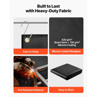 Κουβέρτα συγκόλλησης VEVOR, Κουβέρτα συγκόλλησης από υαλοβάμβακα με επικάλυψη σιλικόνης 1829mm x 2438mm, Κουβέρτες προστασίας από θερμότητα ανθεκτικές στους 1800°F, Πυρίμαχο μονωτικό χαλάκι επιβράδυνσης φλόγας με μεταλλικούς δακτυλίους