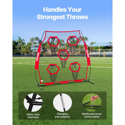 Δίχτυ ρίψης ποδοσφαίρου VEVOR 1828.8x1828.8mm, δίχτυ προπόνησης για ρίψεις στόχων με 5 τσέπες για στόχους, δίχτυ χωρίς κόμπους που περιλαμβάνει ιμάντες και φορητή θήκη μεταφοράς, βελτιώνει την ακρίβεια ρίψης QB, κόκκινο