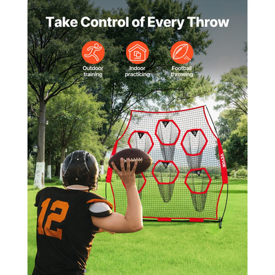 Δίχτυ ρίψης ποδοσφαίρου VEVOR 2438.4x2438.4mm, δίχτυ προπόνησης για ρίψεις στόχων με 6 τσέπες για στόχους, δίχτυ χωρίς κόμπους που περιλαμβάνει ιμάντες και φορητή θήκη μεταφοράς, βελτιώνει την ακρίβεια ρίψης quarterback, κόκκινο