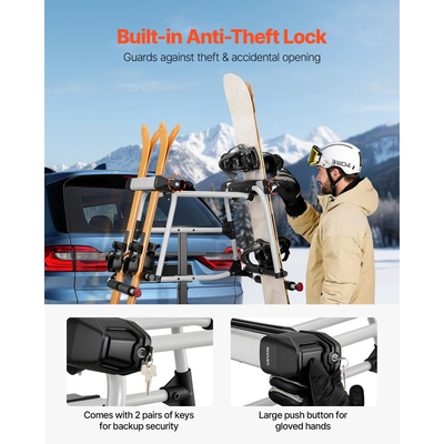 Βάση σκι και σνόουμπορντ VEVOR με ρυμούλκηση, ταιριάζει με υποδοχή 50 mm, μεταφέρει έως και 6 ζευγάρια σκι ή 4 σνόουμπορντ, Βάση αυτοκινήτου με ρυμούλκηση με κλείδωμα κλειδιού, ιμάντα ασφαλείας, πρόσβαση με κλίση, επένδυση από καουτσούκ