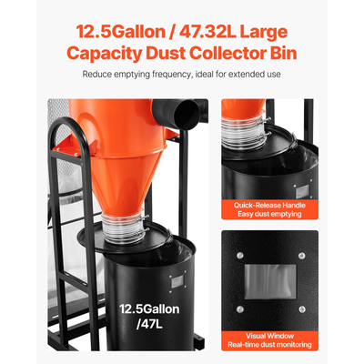 Συλλέκτης σκόνης VEVOR, Κυκλωνικός συλλέκτης σκόνης 763 CFM 1 Micron, Διαχωριστής σκόνης 1.5HP με σακούλα συλλέκτη σκόνης 47.32L και βάση, Έξυπνος κυκλωνικός διαχωρισμός, Σύστημα συλλογής σκόνης για ξυλουργικές εργασίες