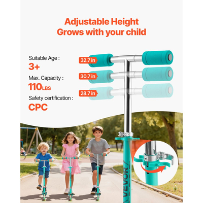 Πατίνι VEVOR για παιδιά ηλικίας 3+ ετών, 2 τροχοί με φωτιζόμενους τροχούς, ρυθμιζόμενο ύψος τιμονιού, φαρδιά αντιολισθητική βάση, πτυσσόμενο ελαφρύ πλαίσιο για αγόρια και κορίτσια έως 49,9 κιλά, πράσινο